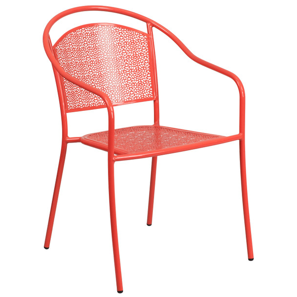 Oia Commercial Grade 35.5" Square Coral Indoor-Outdoor Steel Patio Table Set with 2 Round Back Chairs