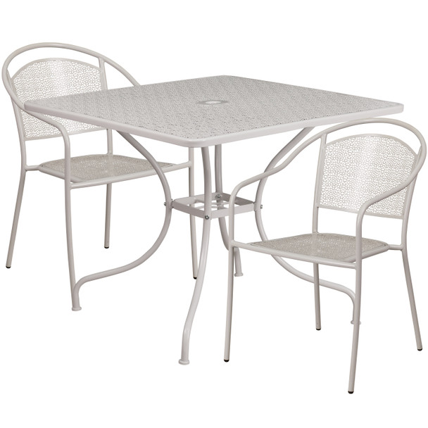 Oia Commercial Grade 35.5" Square Light Gray Indoor-Outdoor Steel Patio Table Set with 2 Round Back Chairs