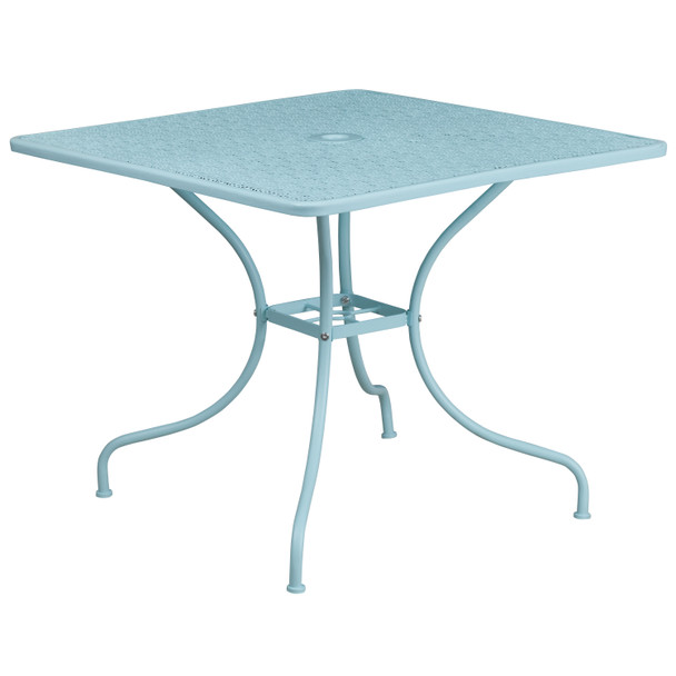 Oia Commercial Grade 35.5" Square Sky Blue Indoor-Outdoor Steel Patio Table Set with 2 Round Back Chairs