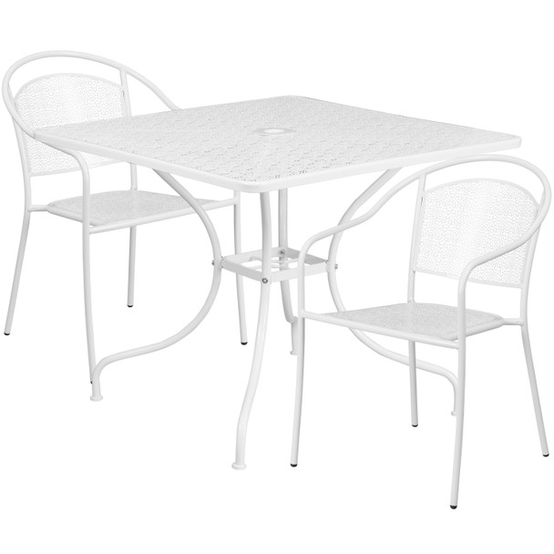 Oia Commercial Grade 35.5" Square White Indoor-Outdoor Steel Patio Table Set with 2 Round Back Chairs