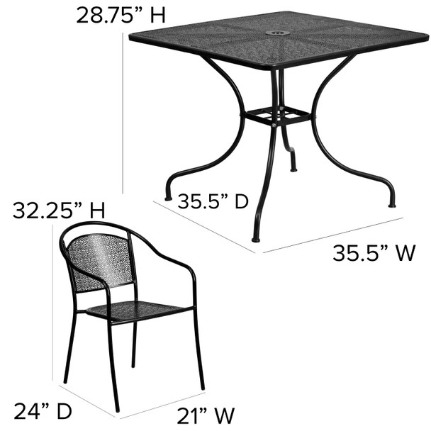 Oia Commercial Grade 35.5" Square Black Indoor-Outdoor Steel Patio Table Set with 4 Round Back Chairs