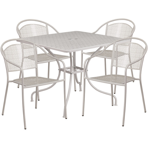 Oia Commercial Grade 35.5" Square Light Gray Indoor-Outdoor Steel Patio Table Set with 4 Round Back Chairs