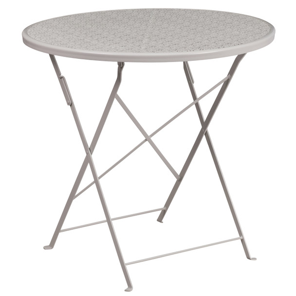 Oia Commercial Grade 30" Round Light Gray Indoor-Outdoor Steel Folding Patio Table