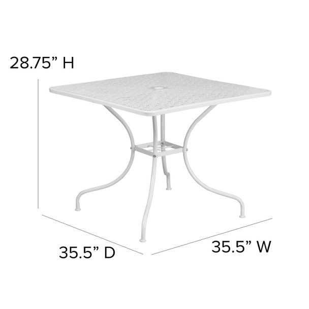 Oia Commercial Grade 35.5" Square White Indoor-Outdoor Steel Patio Table with Umbrella Hole