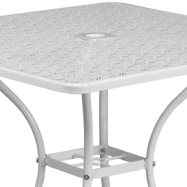 Oia Commercial Grade 35.5" Square White Indoor-Outdoor Steel Patio Table with Umbrella Hole