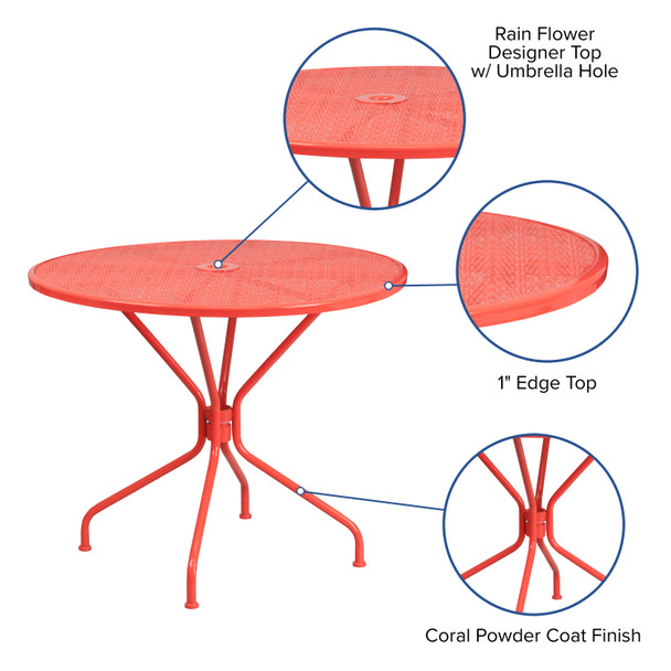 Oia Commercial Grade 35.25" Round Coral Indoor-Outdoor Steel Patio Table with Umbrella Hole