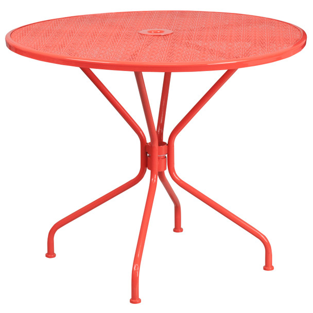 Oia Commercial Grade 35.25" Round Coral Indoor-Outdoor Steel Patio Table with Umbrella Hole