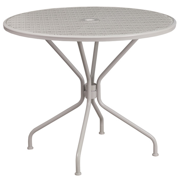 Oia Commercial Grade 35.25" Round Light Gray Indoor-Outdoor Steel Patio Table with Umbrella Hole