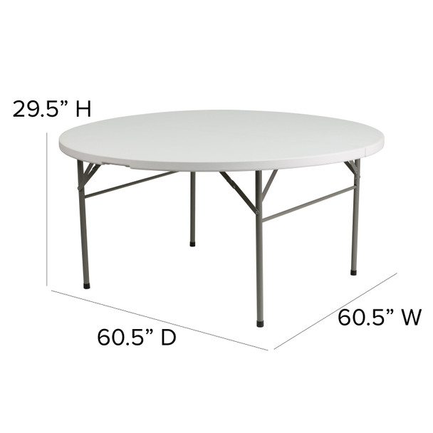 Scarborough 5-Foot Round Bi-Fold White Plastic Folding Table with Carrying Handle