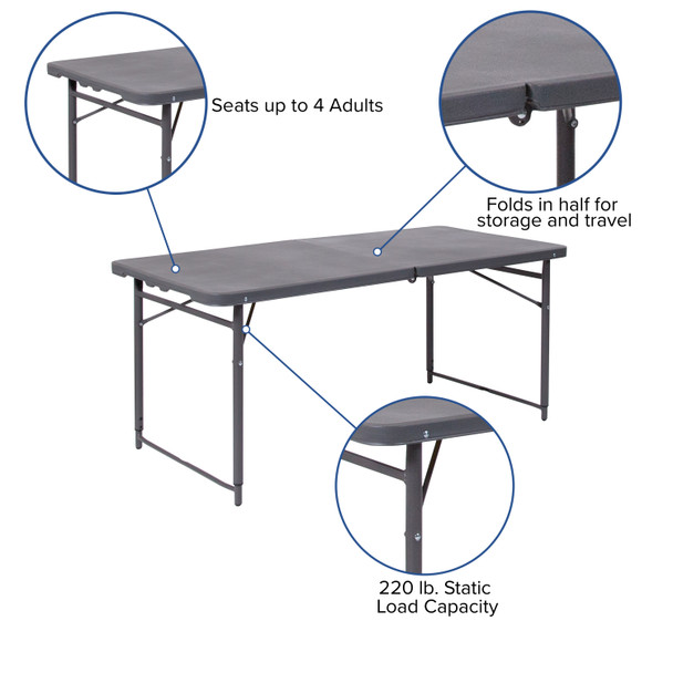 Mills 4-Foot Height Adjustable Bi-Fold Dark Gray Plastic Folding Table with Carrying Handle