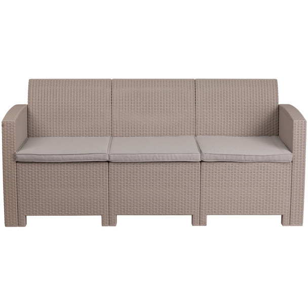 Seneca Light Gray Faux Rattan Sofa with All-Weather Seneca Light Gray Cushions