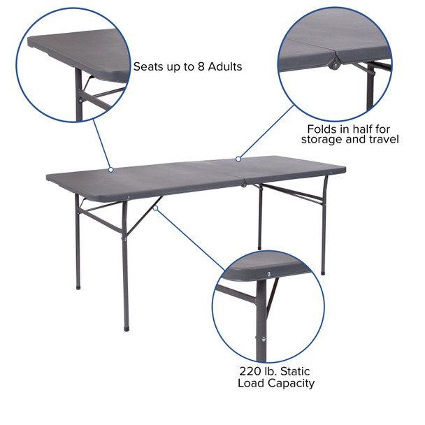 Elijah 6-Foot Bi-Fold Dark Gray Plastic Folding Table with Carrying Handle