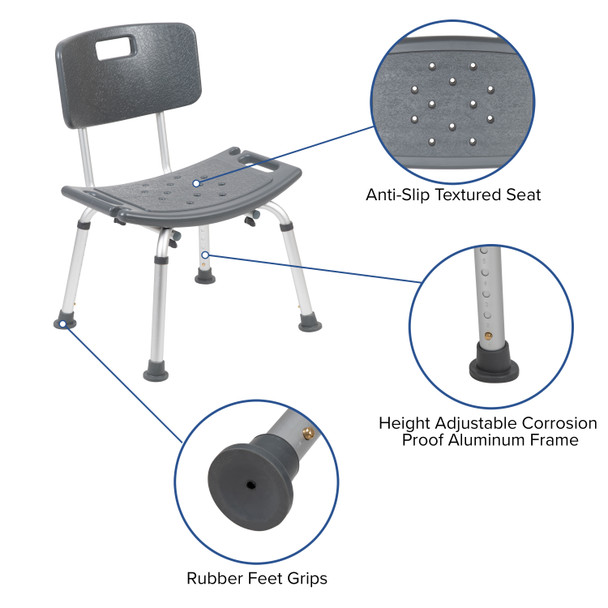 HERCULES Series Tool-Free and Quick Assembly, 300 Lb. Capacity, Adjustable Gray Bath & Shower Chair with Back