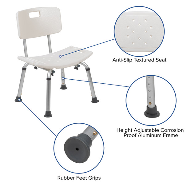 HERCULES Series Tool-Free and Quick Assembly, 300 Lb. Capacity, Adjustable White Bath & Shower Chair with Back