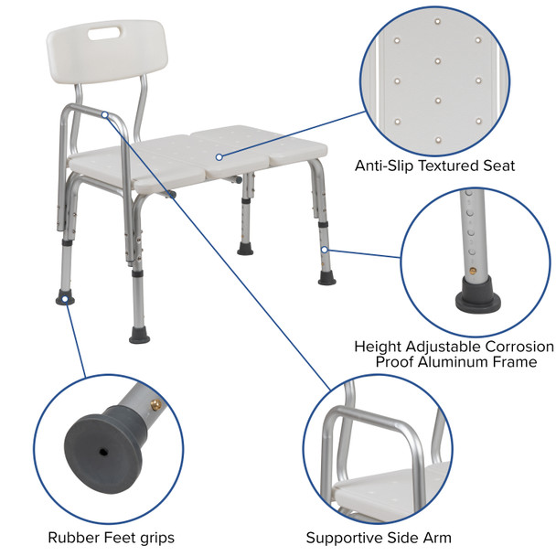 HERCULES Series 300 Lb. Capacity Adjustable White Bath & Shower Transfer Bench with Back and Side Arm