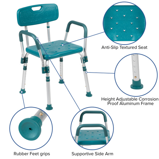 HERCULES Series 300 Lb. Capacity Adjustable Teal Bath & Shower Chair with Quick Release Back & Arms