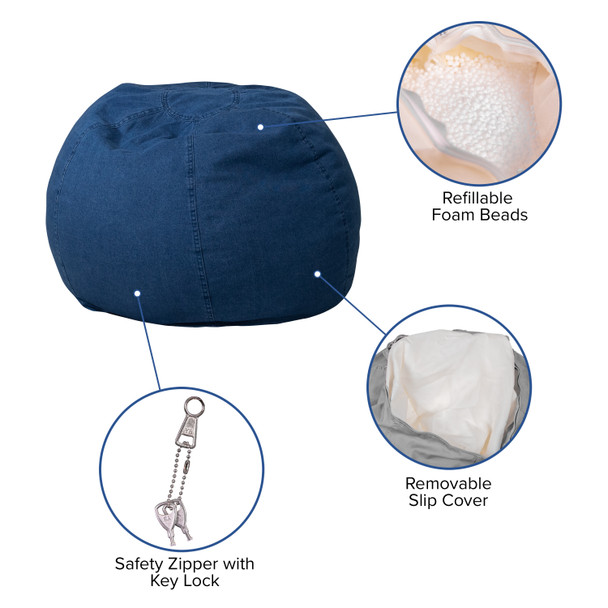 Dillon Small Denim Refillable Bean Bag Chair for Kids and Teens