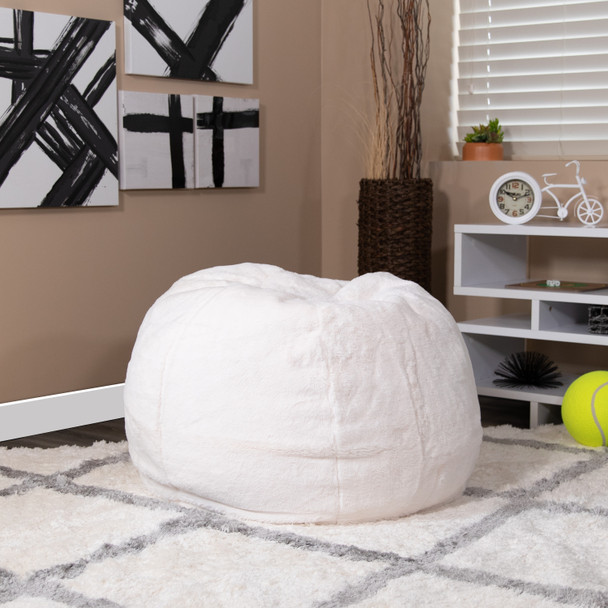 Dillon Small White Furry Refillable Bean Bag Chair for Kids and Teens