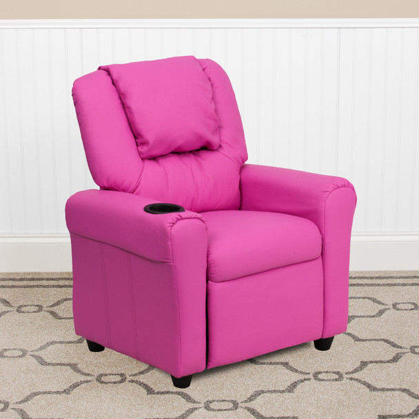 Vana Contemporary Hot Pink Vinyl Kids Recliner with Cup Holder and Headrest