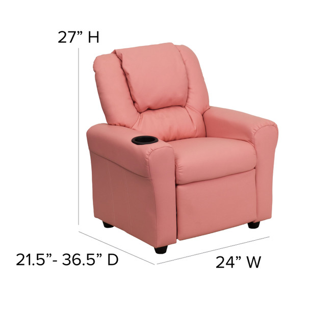 Vana Contemporary Pink Vinyl Kids Recliner with Cup Holder and Headrest