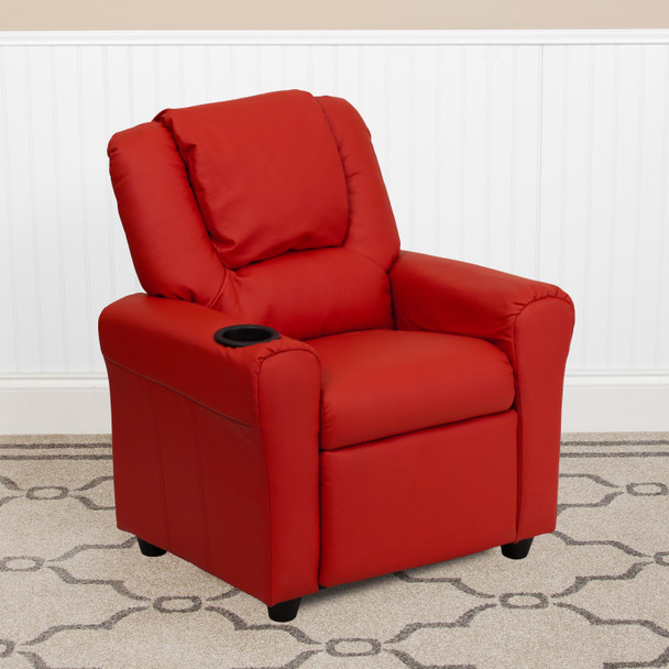 Vana Contemporary Red Vinyl Kids Recliner with Cup Holder and Headrest