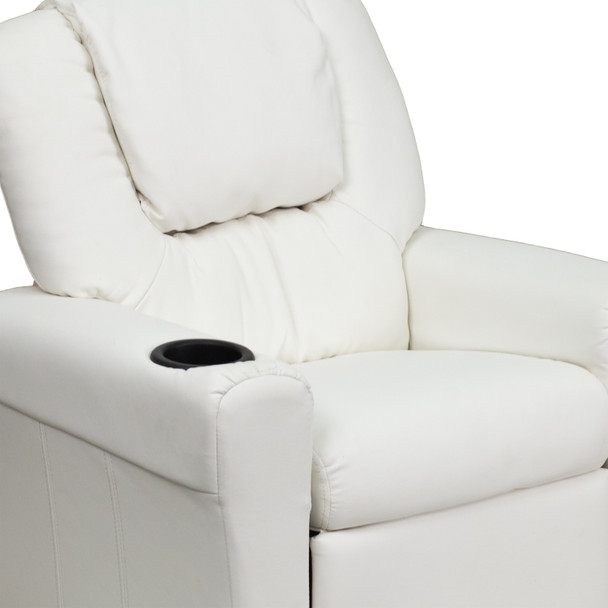 Vana Contemporary White Vinyl Kids Recliner with Cup Holder and Headrest