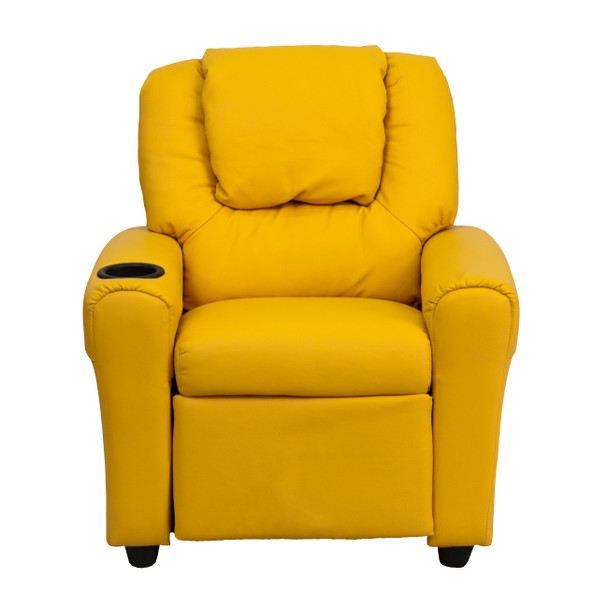 Vana Contemporary Yellow Vinyl Kids Recliner with Cup Holder and Headrest