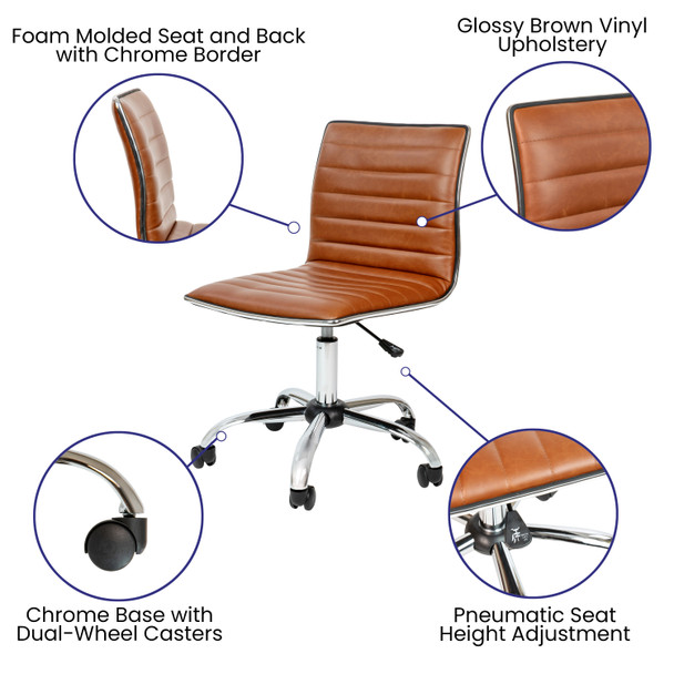 Alan Low Back Designer Armless Brown Ribbed Swivel Task Office Chair