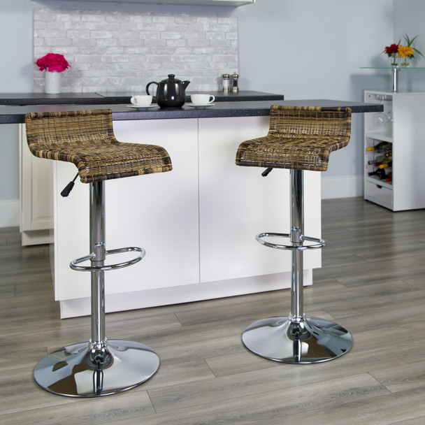 Heyward Contemporary Wicker Adjustable Height Barstool with Waterfall Seat and Chrome Base