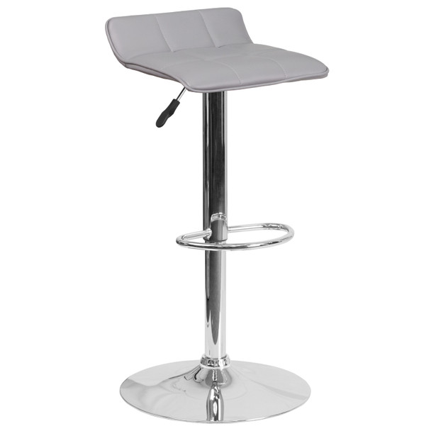 Mark Contemporary Gray Vinyl Adjustable Height Barstool with Quilted Wave Seat and Chrome Base