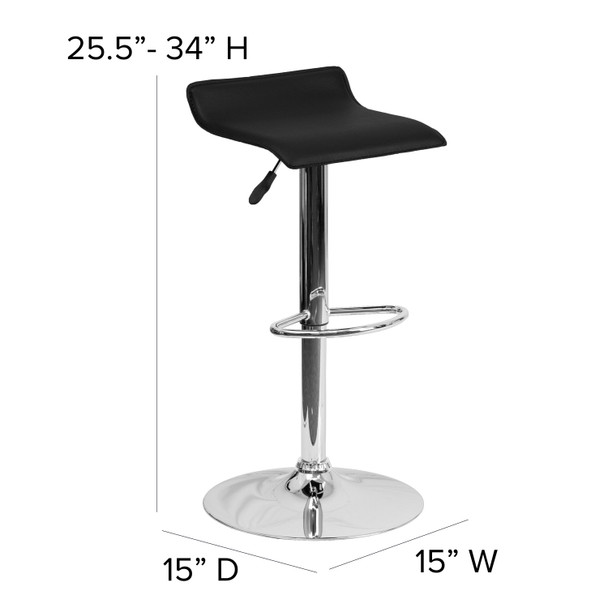 Dax Contemporary Black Vinyl Adjustable Height Barstool with Solid Wave Seat and Chrome Base