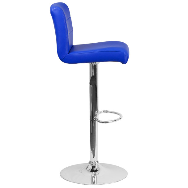 Scott Contemporary Blue Vinyl Adjustable Height Barstool with Rolled Seat and Chrome Base