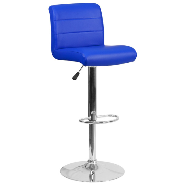 Scott Contemporary Blue Vinyl Adjustable Height Barstool with Rolled Seat and Chrome Base