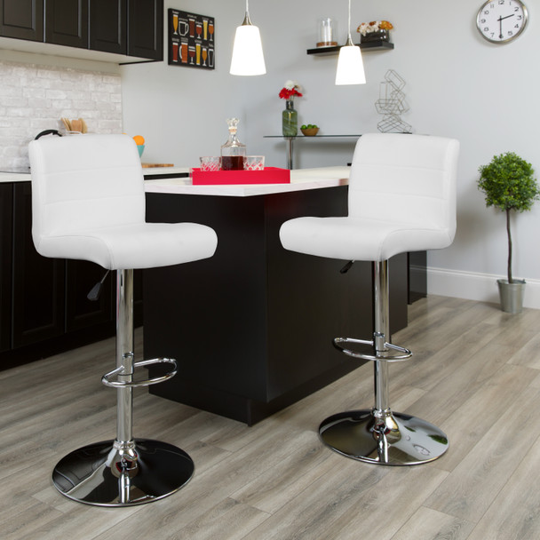 Scott Contemporary White Vinyl Adjustable Height Barstool with Rolled Seat and Chrome Base