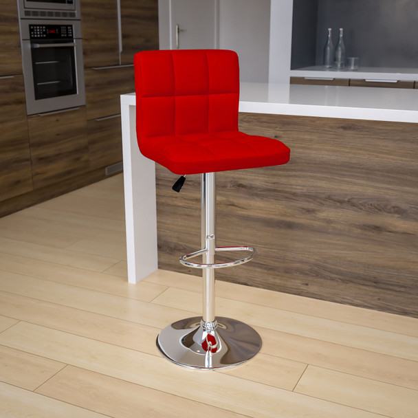 Kathleen Contemporary Red Quilted Vinyl Adjustable Height Barstool with Chrome Base