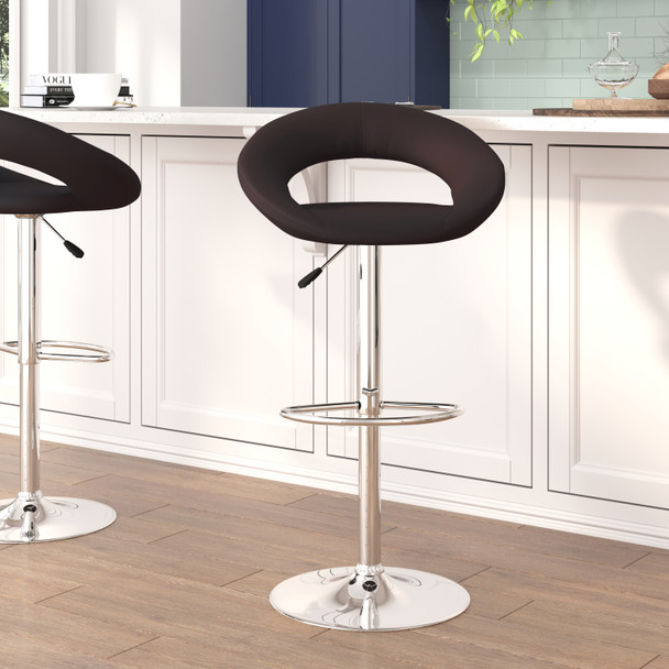 Brook Contemporary Brown Vinyl Rounded Orbit-Style Back Adjustable Height Barstool with Chrome Base