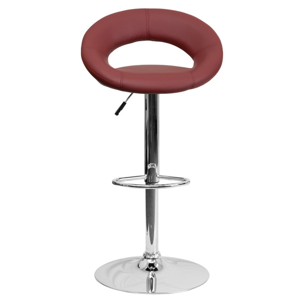 Brook Contemporary Burgundy Vinyl Rounded Orbit-Style Back Adjustable Height Barstool with Chrome Base
