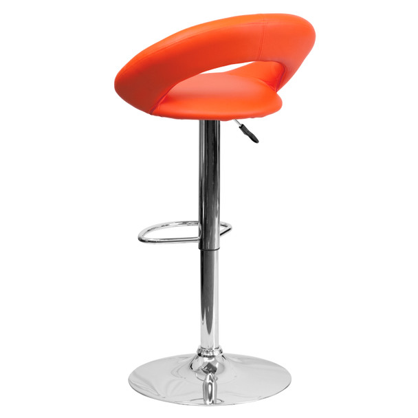 Brook Contemporary Orange Vinyl Rounded Orbit-Style Back Adjustable Height Barstool with Chrome Base