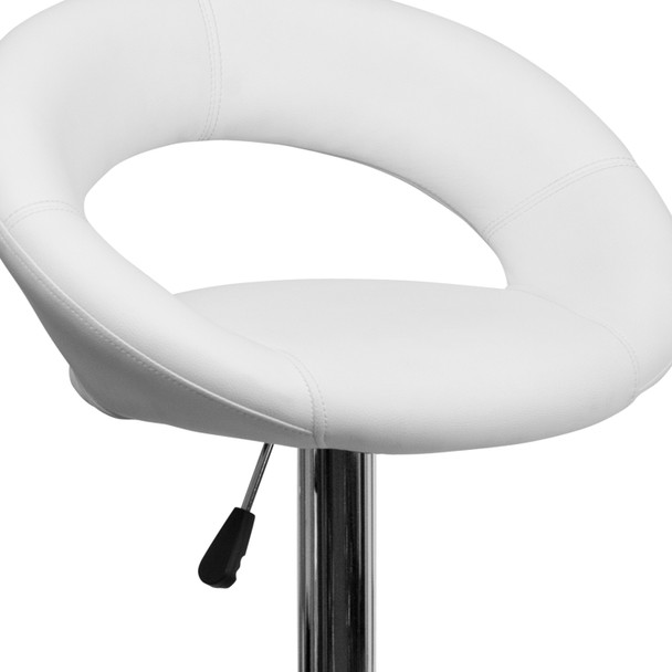 Brook Contemporary White Vinyl Rounded Orbit-Style Back Adjustable Height Barstool with Chrome Base