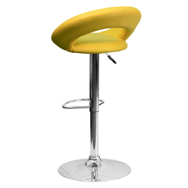 Brook Contemporary Yellow Vinyl Rounded Orbit-Style Back Adjustable Height Barstool with Chrome Base