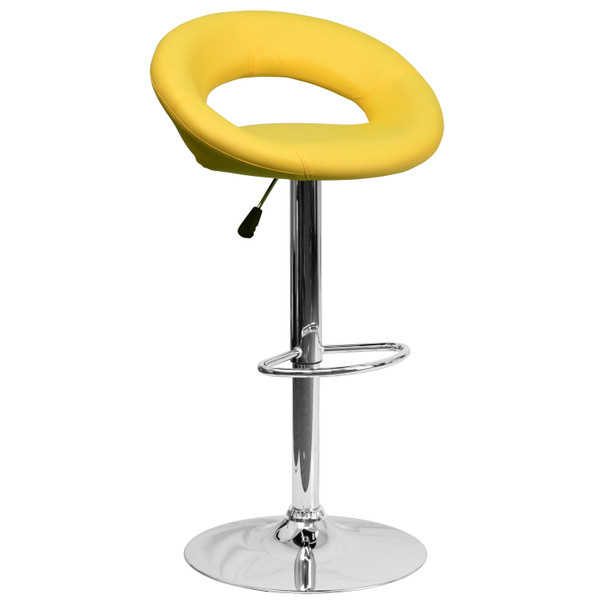Brook Contemporary Yellow Vinyl Rounded Orbit-Style Back Adjustable Height Barstool with Chrome Base