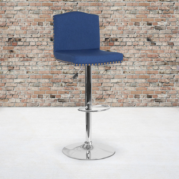 Bellagio Contemporary Adjustable Height Barstool with Accent Nail Trim in Blue Fabric