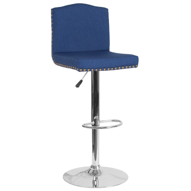 Bellagio Contemporary Adjustable Height Barstool with Accent Nail Trim in Blue Fabric