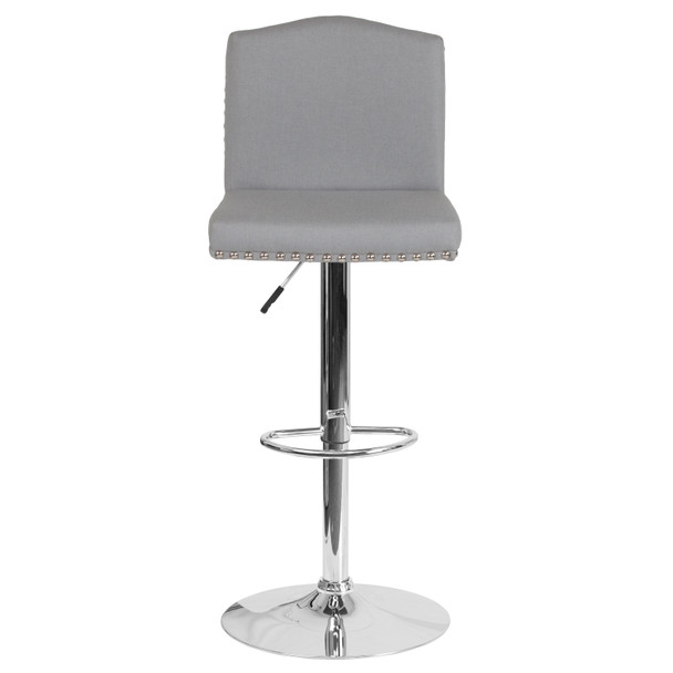 Bellagio Contemporary Adjustable Height Barstool with Accent Nail Trim in Light Gray Fabric