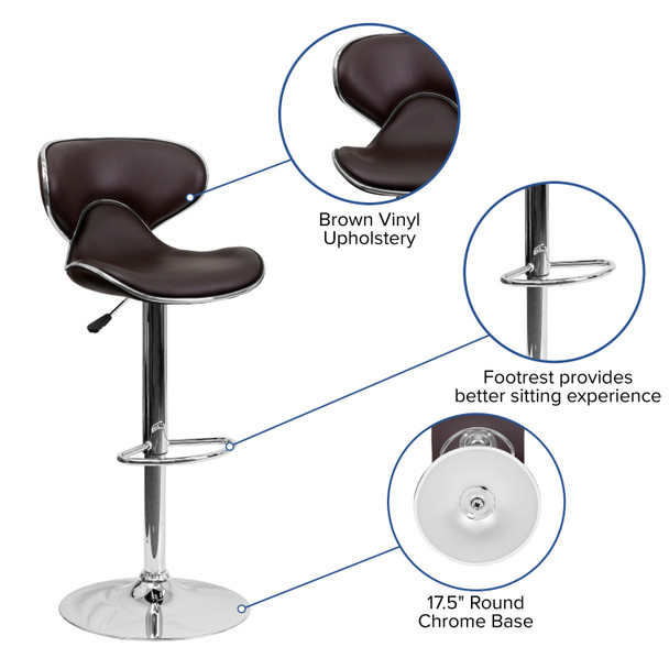 Devin Contemporary Cozy Mid-Back Brown Vinyl Adjustable Height Barstool with Chrome Base