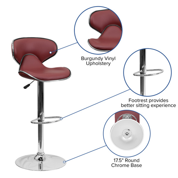 Devin Contemporary Cozy Mid-Back Burgundy Vinyl Adjustable Height Barstool with Chrome Base
