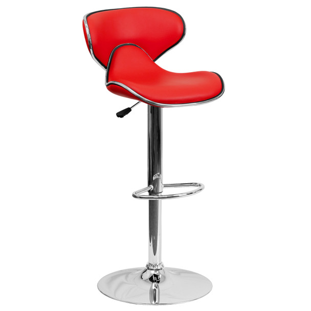 Devin Contemporary Cozy Mid-Back Red Vinyl Adjustable Height Barstool with Chrome Base