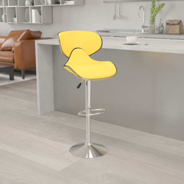 Devin Contemporary Cozy Mid-Back Yellow Vinyl Adjustable Height Barstool with Chrome Base