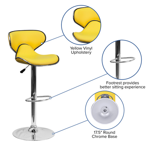 Devin Contemporary Cozy Mid-Back Yellow Vinyl Adjustable Height Barstool with Chrome Base