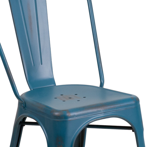 Tenley Commercial Grade Distressed Antique Blue Metal Indoor-Outdoor Stackable Chair